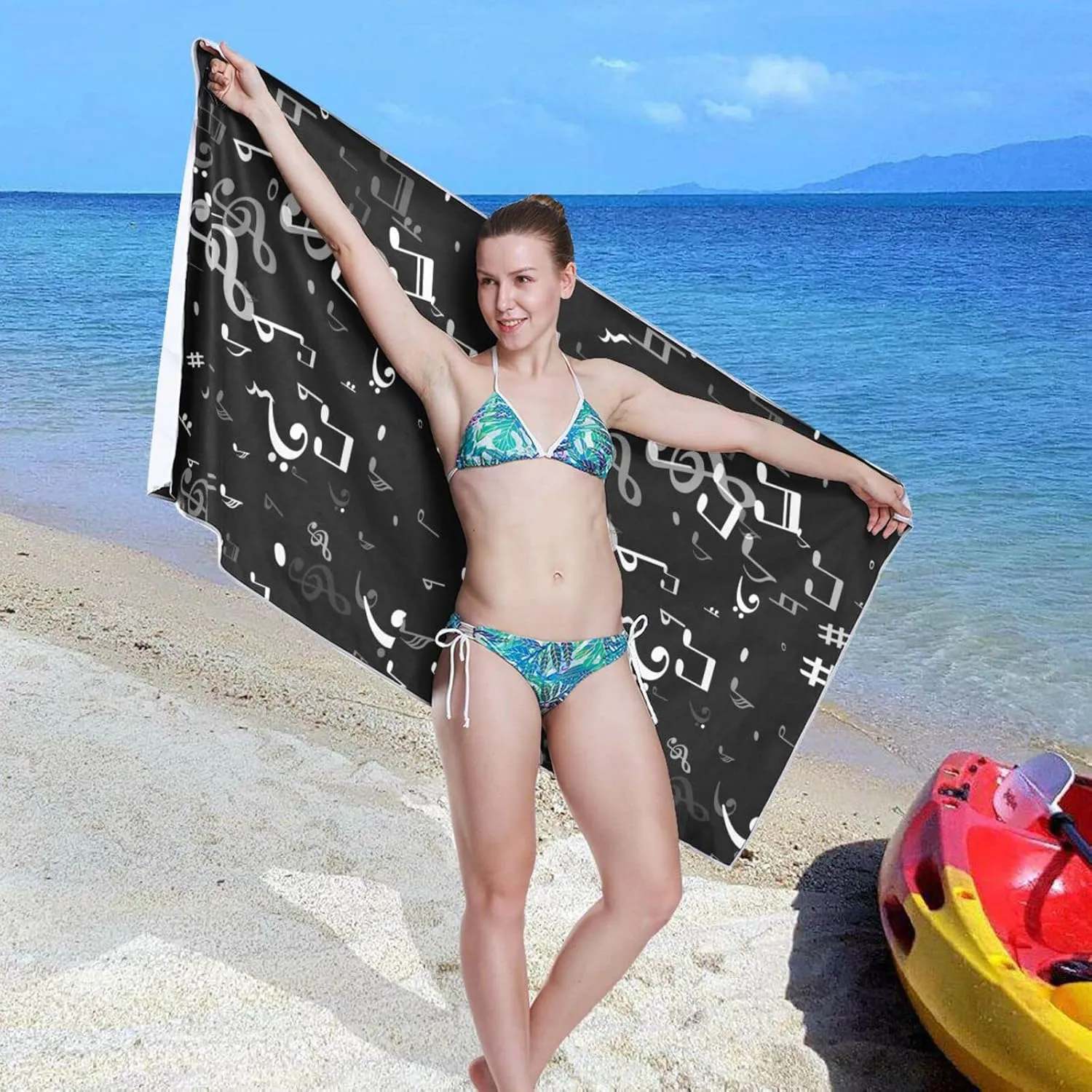 Oyihfvs Seamless Black White Melody Musical Notes on Dark Black Quick Drying Beach Towel, Foldable Yoga Towel, Soft Sport Towel, Sweat Absorbent Towel with Storage Mesh Bag 30 x 60 inch (S)