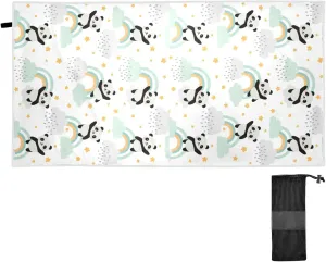 Oyihfvs Seamless Cute Panda Flying in The Sky Rainbow Clouds Stars Quick Drying Beach Towel, Foldable Yoga Towel, Soft Sport Towel, Sweat Absorbent Towel with Storage Mesh Bag 30 x 60 inch (S)