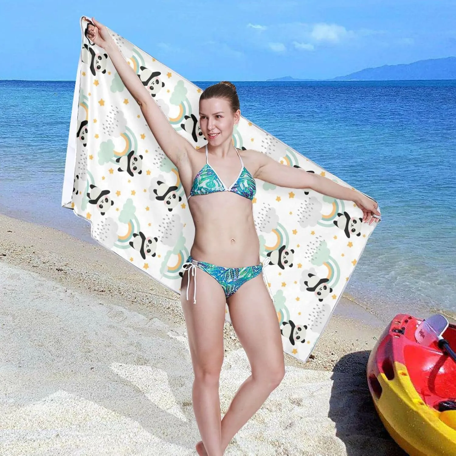 Oyihfvs Seamless Cute Panda Flying in The Sky Rainbow Clouds Stars Quick Drying Beach Towel, Foldable Yoga Towel, Soft Sport Towel, Sweat Absorbent Towel with Storage Mesh Bag 30 x 60 inch (S)
