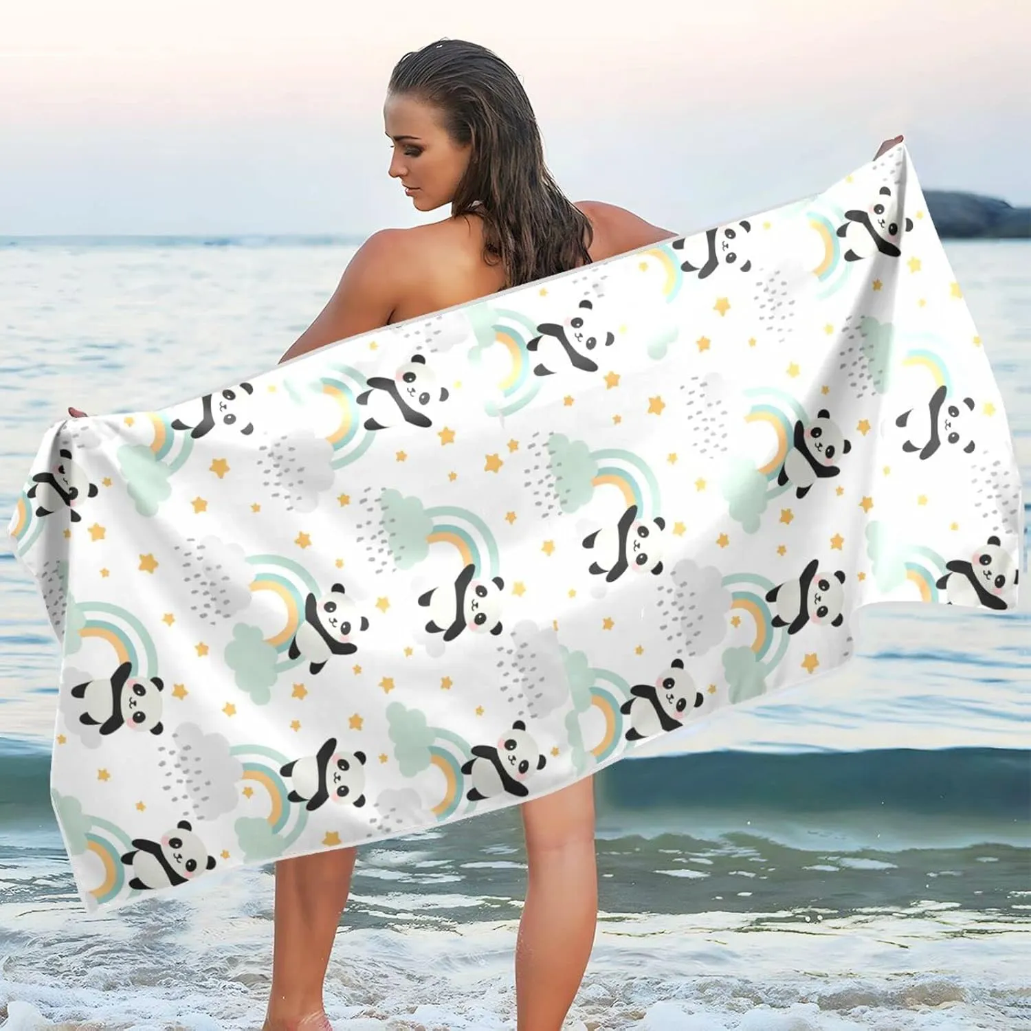 Oyihfvs Seamless Cute Panda Flying in The Sky Rainbow Clouds Stars Quick Drying Beach Towel, Foldable Yoga Towel, Soft Sport Towel, Sweat Absorbent Towel with Storage Mesh Bag 30 x 60 inch (S)
