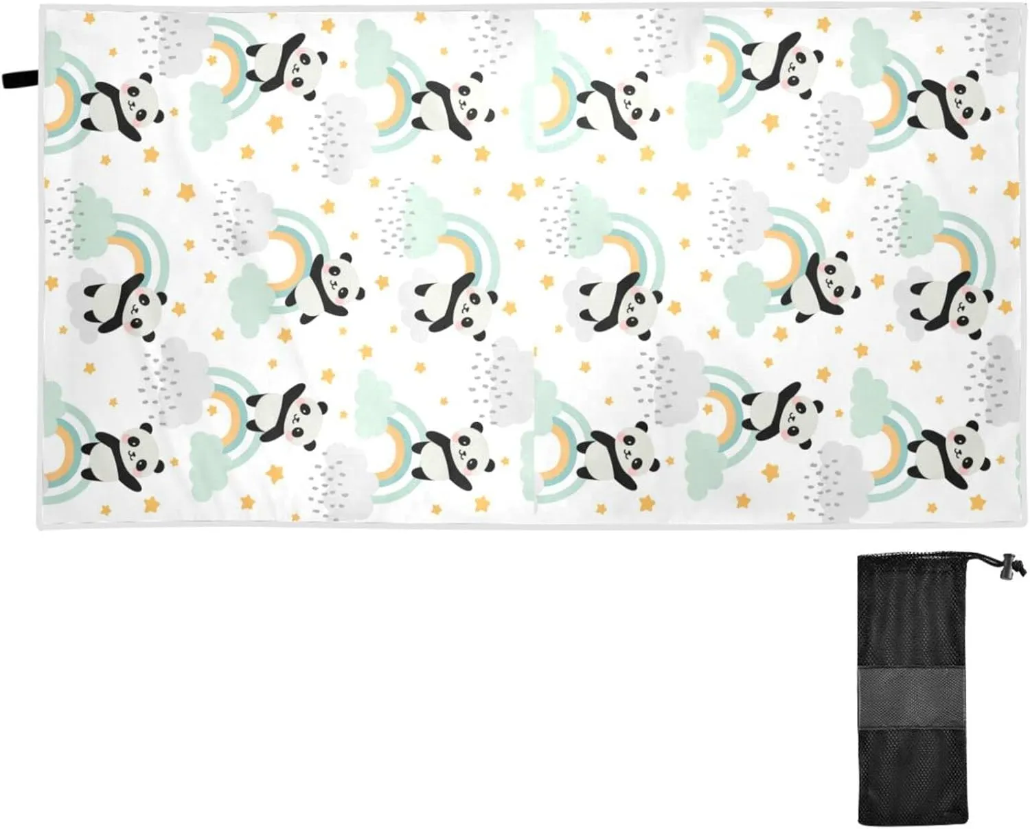 Oyihfvs Seamless Cute Panda Flying in The Sky Rainbow Clouds Stars Quick Drying Beach Towel, Foldable Yoga Towel, Soft Sport Towel, Sweat Absorbent Towel with Storage Mesh Bag 30 x 60 inch (S)