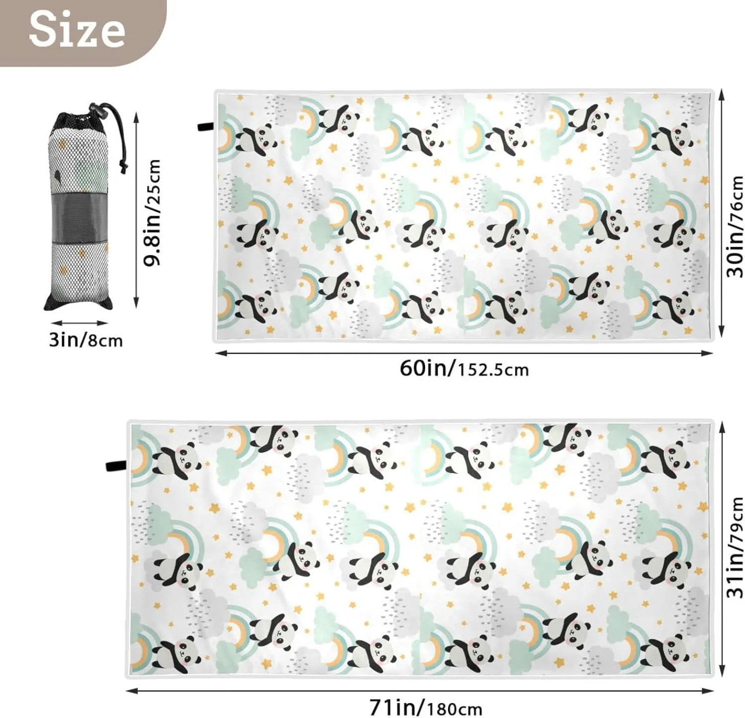 Oyihfvs Seamless Cute Panda Flying in The Sky Rainbow Clouds Stars Quick Drying Beach Towel, Foldable Yoga Towel, Soft Sport Towel, Sweat Absorbent Towel with Storage Mesh Bag 30 x 60 inch (S)