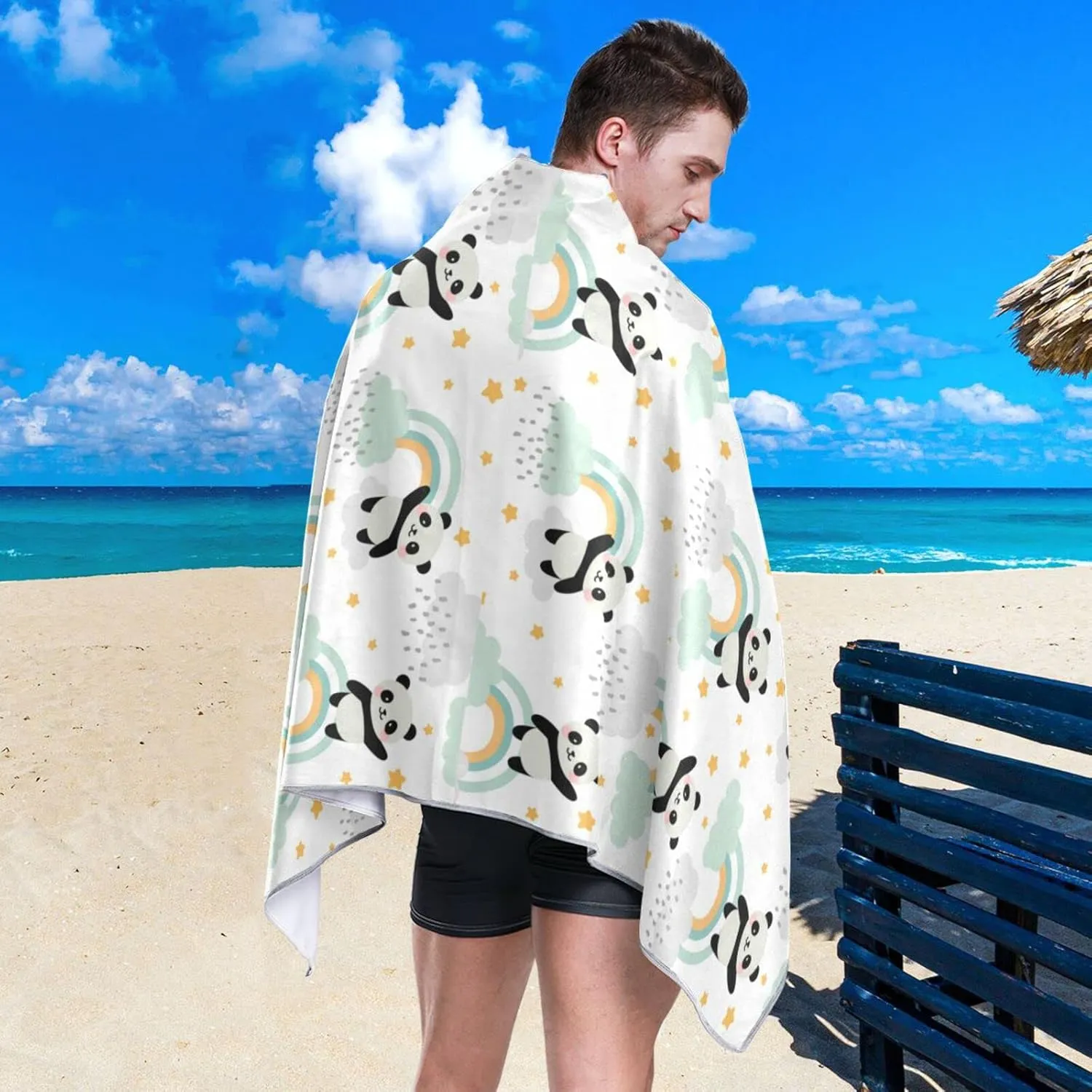 Oyihfvs Seamless Cute Panda Flying in The Sky Rainbow Clouds Stars Quick Drying Beach Towel, Foldable Yoga Towel, Soft Sport Towel, Sweat Absorbent Towel with Storage Mesh Bag 30 x 60 inch (S)