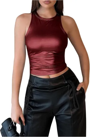 OYOANGLE Women's Metallic Ruched Round Neck Sleeveless Tank Top Y2K Slim Fitted Sports Casual Crop Tops