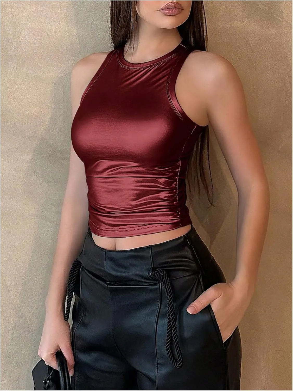 OYOANGLE Women's Metallic Ruched Round Neck Sleeveless Tank Top Y2K Slim Fitted Sports Casual Crop Tops