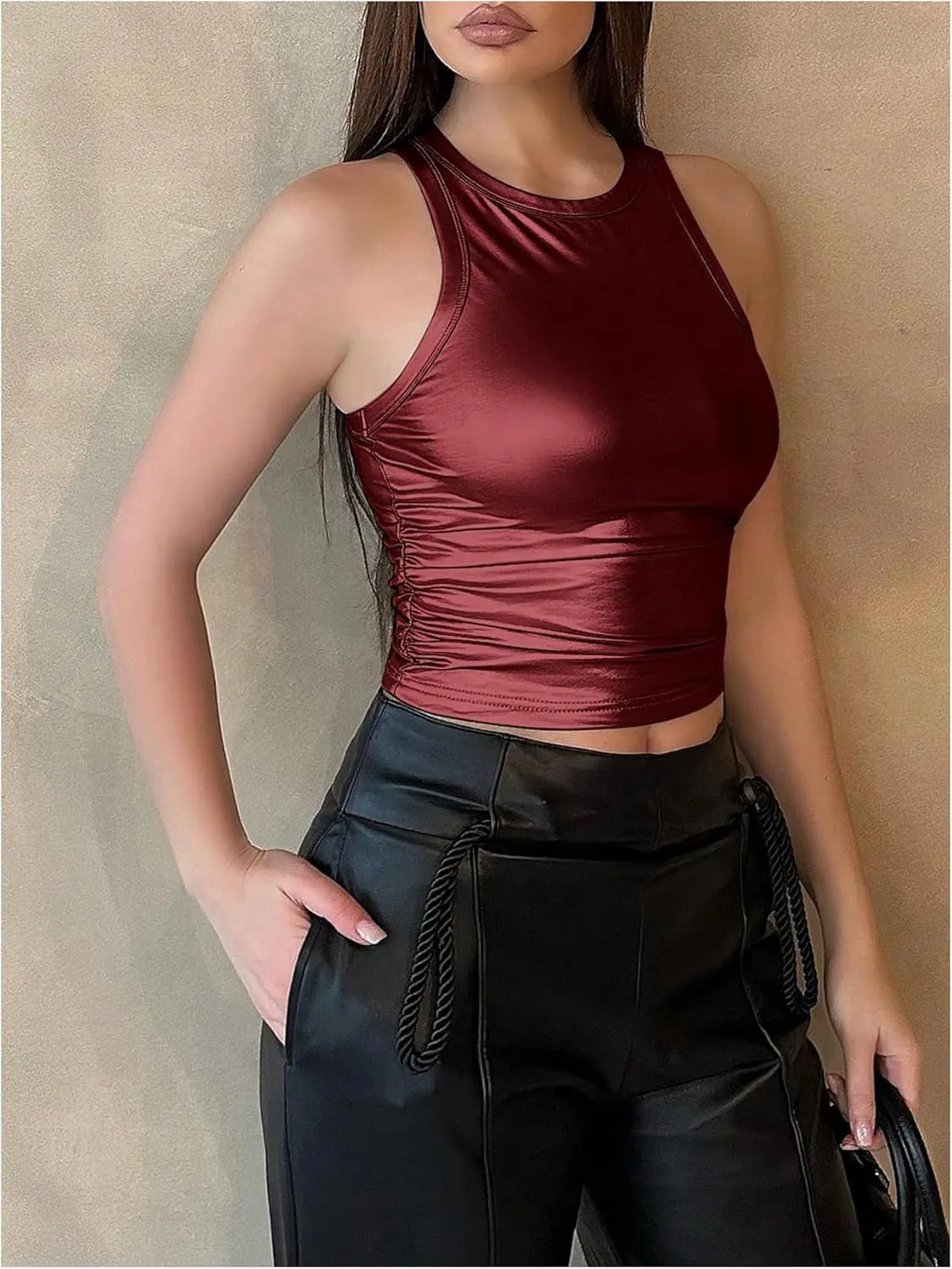 OYOANGLE Women's Metallic Ruched Round Neck Sleeveless Tank Top Y2K Slim Fitted Sports Casual Crop Tops