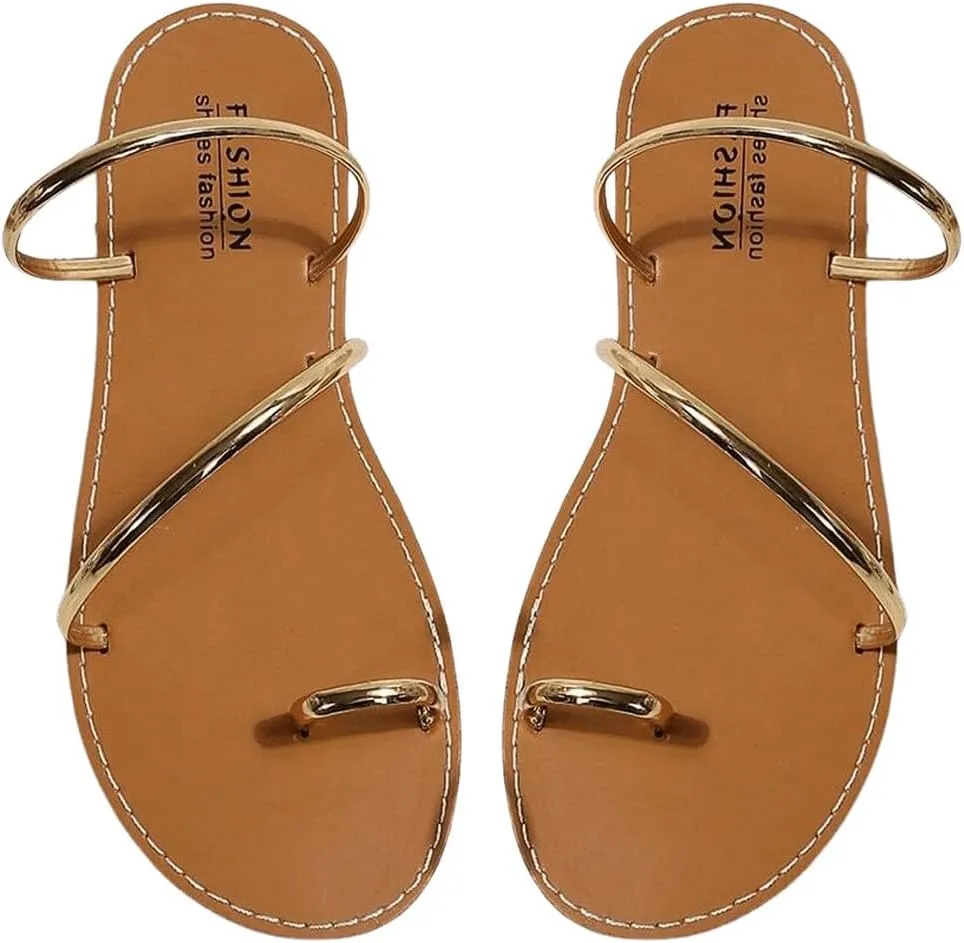 OYOANGLE Women's Metallic Strappy Toe Ring Sandals Open Toe Flat Slide On Thong Sandals