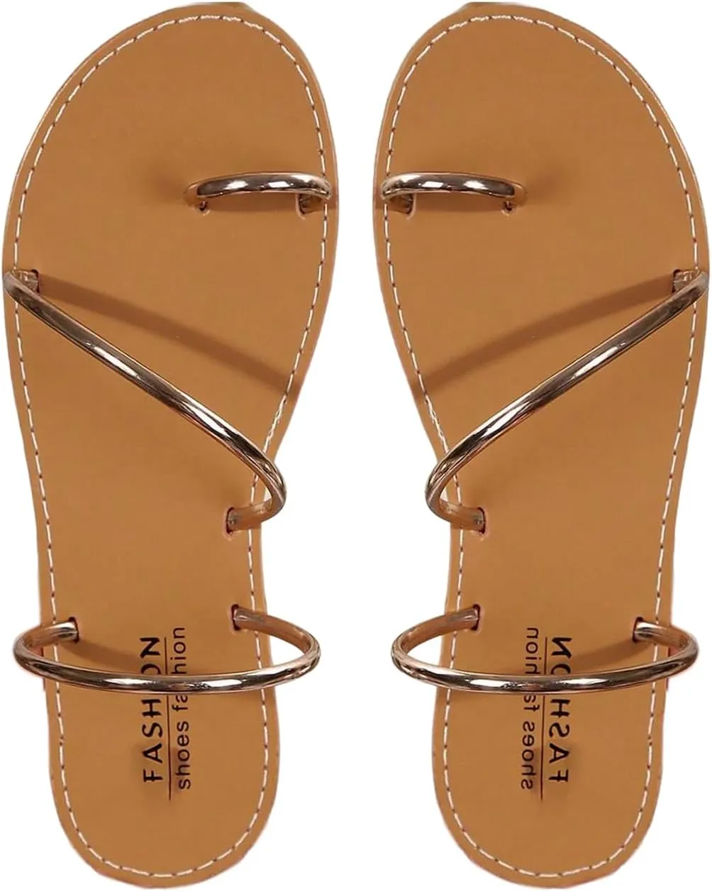 OYOANGLE Women's Metallic Strappy Toe Ring Sandals Open Toe Flat Slide On Thong Sandals
