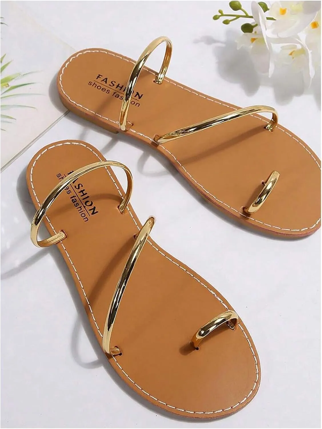 OYOANGLE Women's Metallic Strappy Toe Ring Sandals Open Toe Flat Slide On Thong Sandals