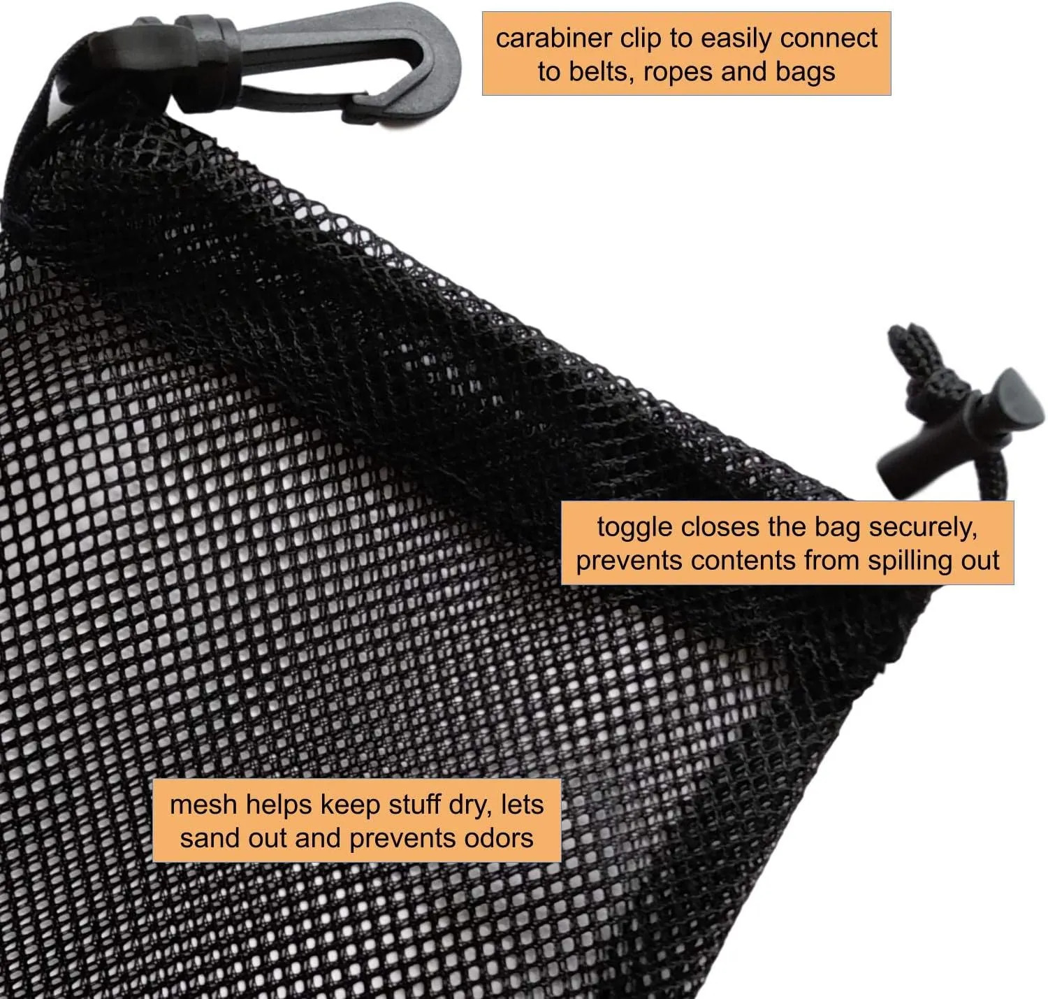 PALTERWEAR Mesh Drawstring Bag With Clip and Toggle Closure - For Watersports, Outdoor, Gym - Multi-Use Set of 4 (Black, 6 x 8 inch)