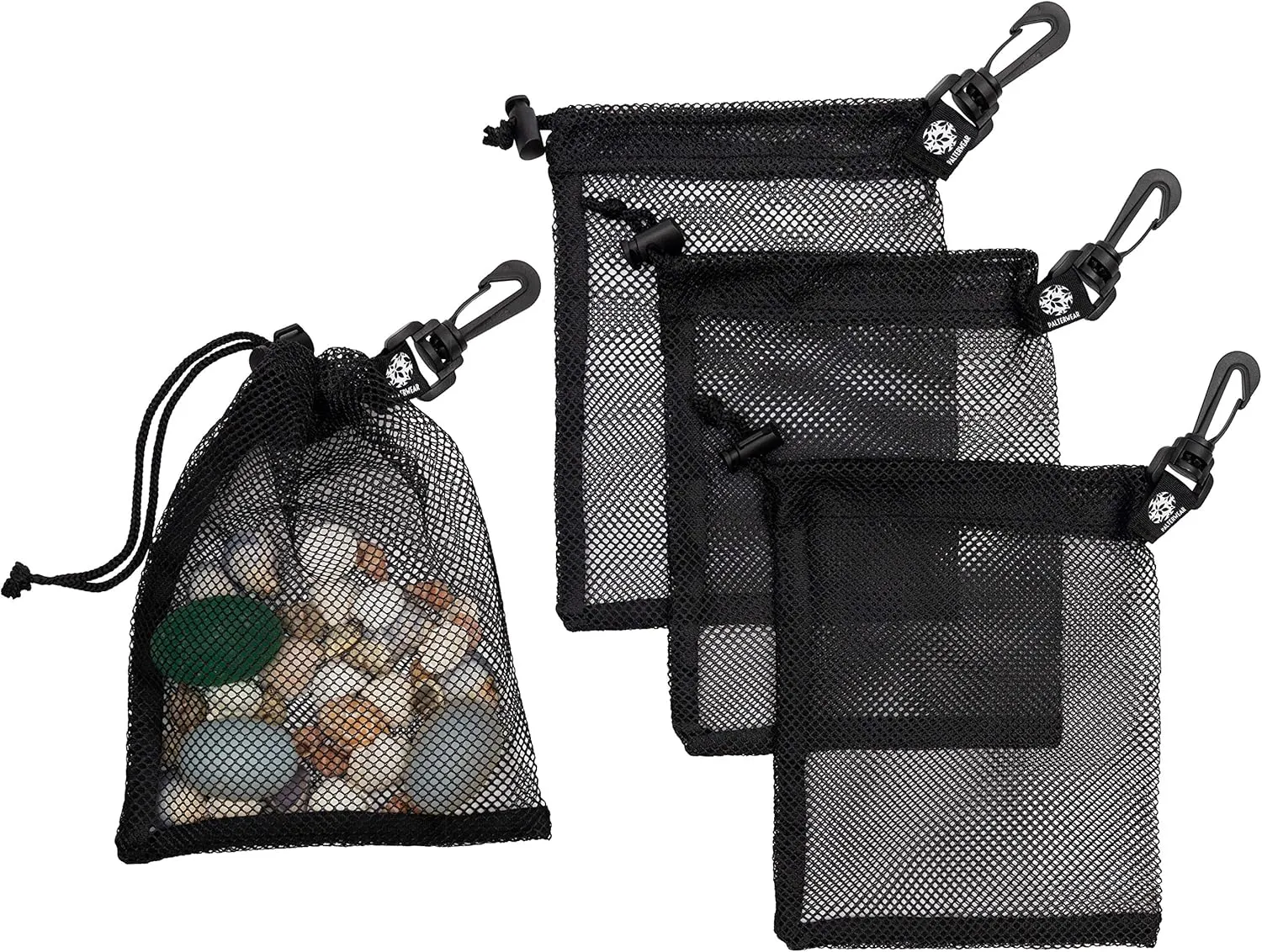 PALTERWEAR Mesh Drawstring Bag With Clip and Toggle Closure - For Watersports, Outdoor, Gym - Multi-Use Set of 4 (Black, 6 x 8 inch)