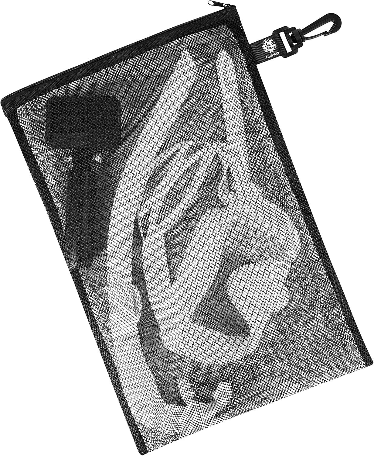 PALTERWEAR Mesh Zipper Bag with Clip - For Camping Outdoor Snorkeling - Set of 4 (Black, 10 x 15 inch)