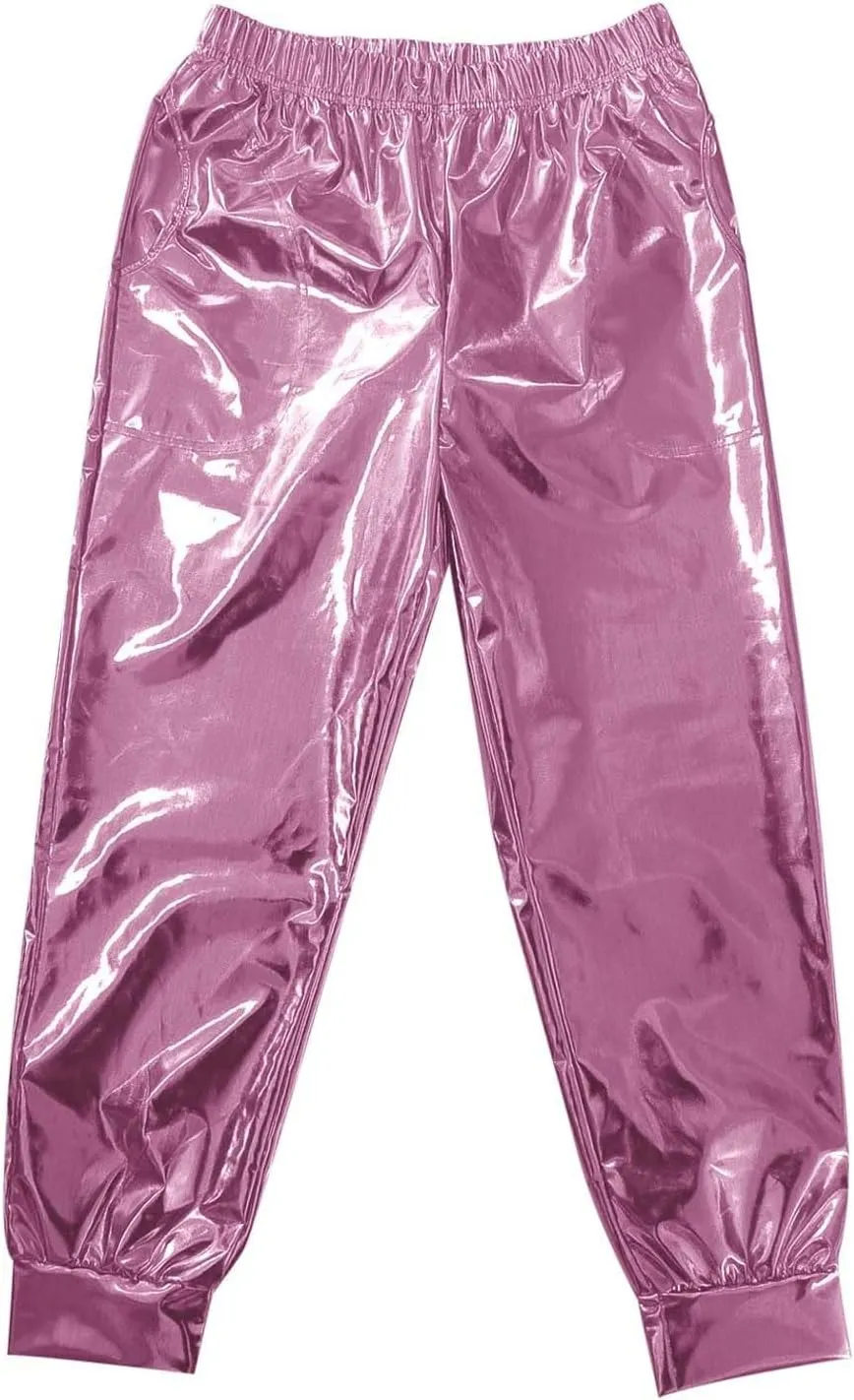 Pants for Women Shiny Metallic Summer Loose Slacks Trendy Hip Hop Dance Elastic High Waist Casual Ankle Trousers