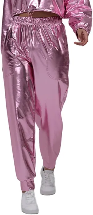 Pants for Women Shiny Metallic Summer Loose Slacks Trendy Hip Hop Dance Elastic High Waist Casual Ankle Trousers