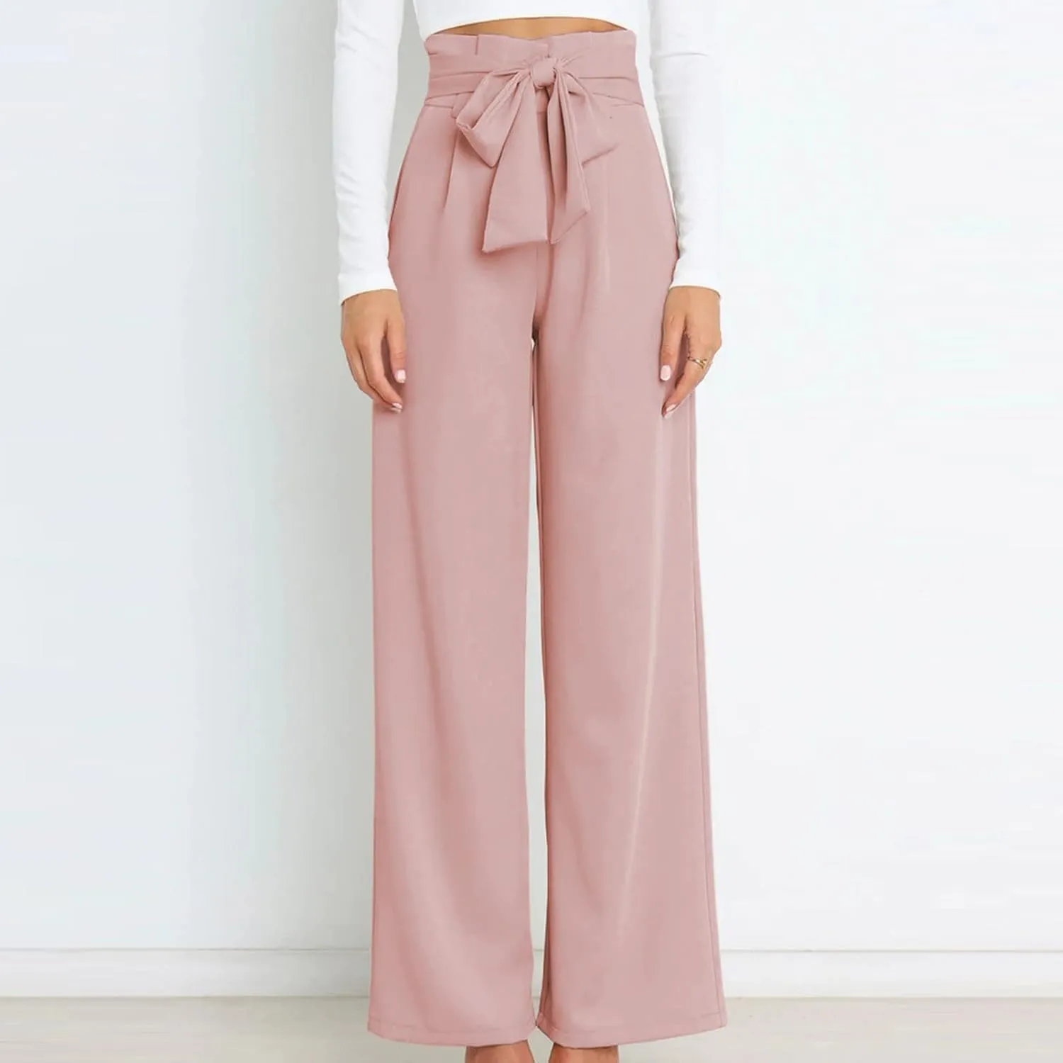 Paper Bag Pants Women High Waist Summer Casual Wide Leg Palazzo Pant Elegant Belted Long Trousers with Pockets