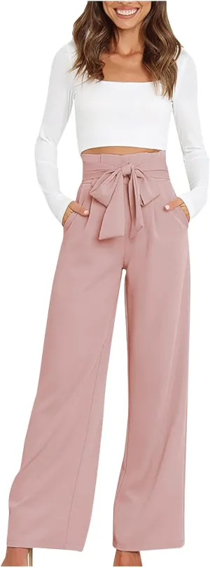 Paper Bag Pants Women High Waist Summer Casual Wide Leg Palazzo Pant Elegant Belted Long Trousers with Pockets