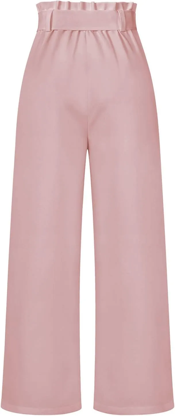 Paper Bag Pants Women High Waist Summer Casual Wide Leg Palazzo Pant Elegant Belted Long Trousers with Pockets