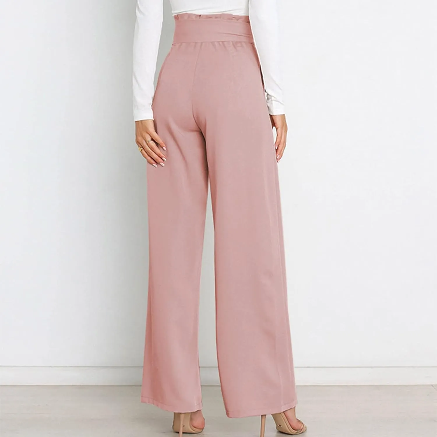Paper Bag Pants Women High Waist Summer Casual Wide Leg Palazzo Pant Elegant Belted Long Trousers with Pockets