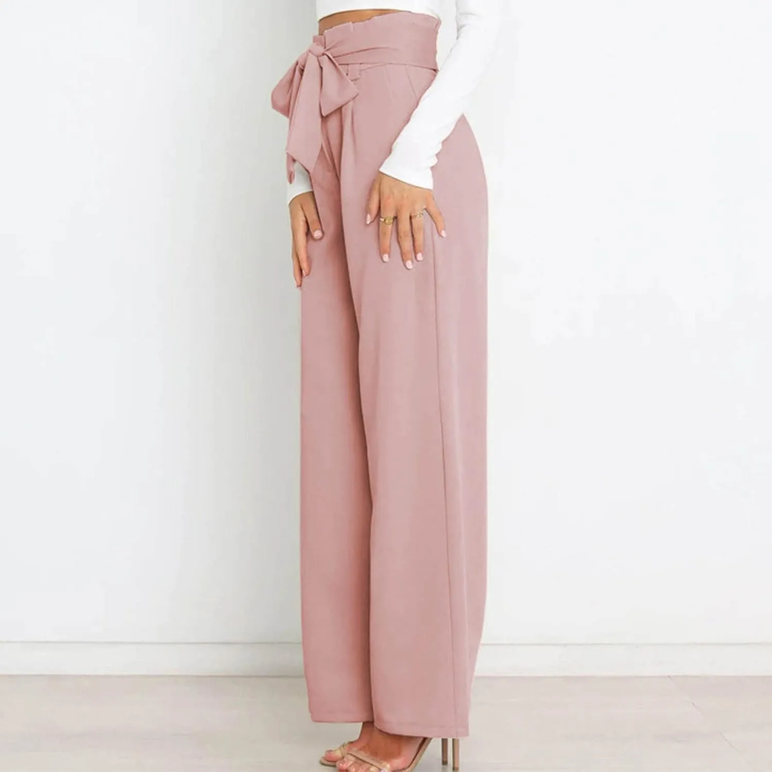 Paper Bag Pants Women High Waist Summer Casual Wide Leg Palazzo Pant Elegant Belted Long Trousers with Pockets