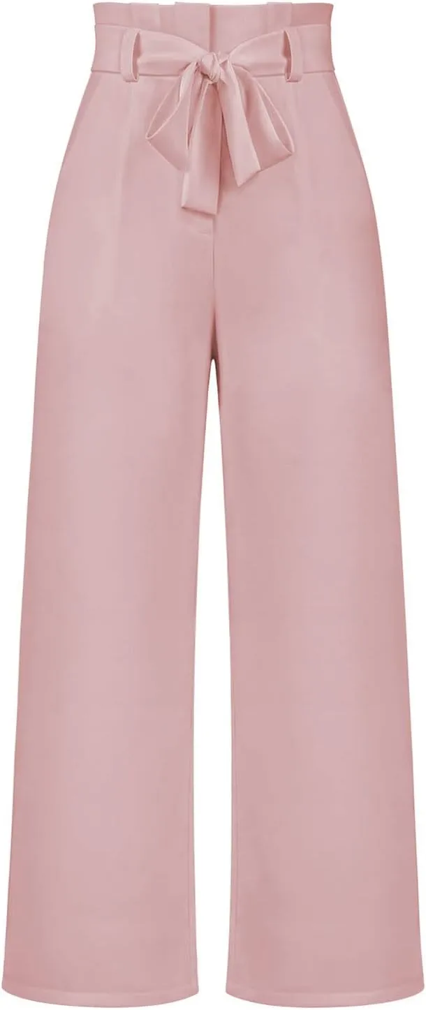 Paper Bag Pants Women High Waist Summer Casual Wide Leg Palazzo Pant Elegant Belted Long Trousers with Pockets