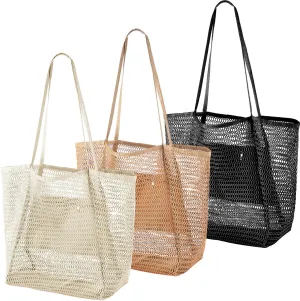 Paterr 3 Pcs Mesh Beach Tote Bags for Women Nylon Mesh Grocery Bag Foldable Laundry Tote Bag 23L Shoulder Handbag Reusable Shopping Bags for Groceries Beach Picnic Vacation, Black, White, Brown
