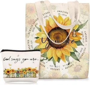 Paterr Christian Bag Women Bible Tote with Makeup Bag Church Religious Gift with Zipper Christmas(Yellow,Sunflower)