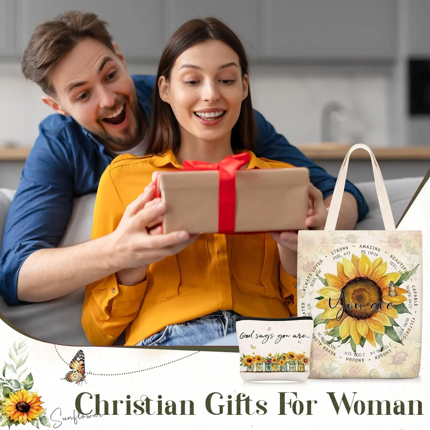 Paterr Christian Bag Women Bible Tote with Makeup Bag Church Religious Gift with Zipper Christmas(Yellow,Sunflower)