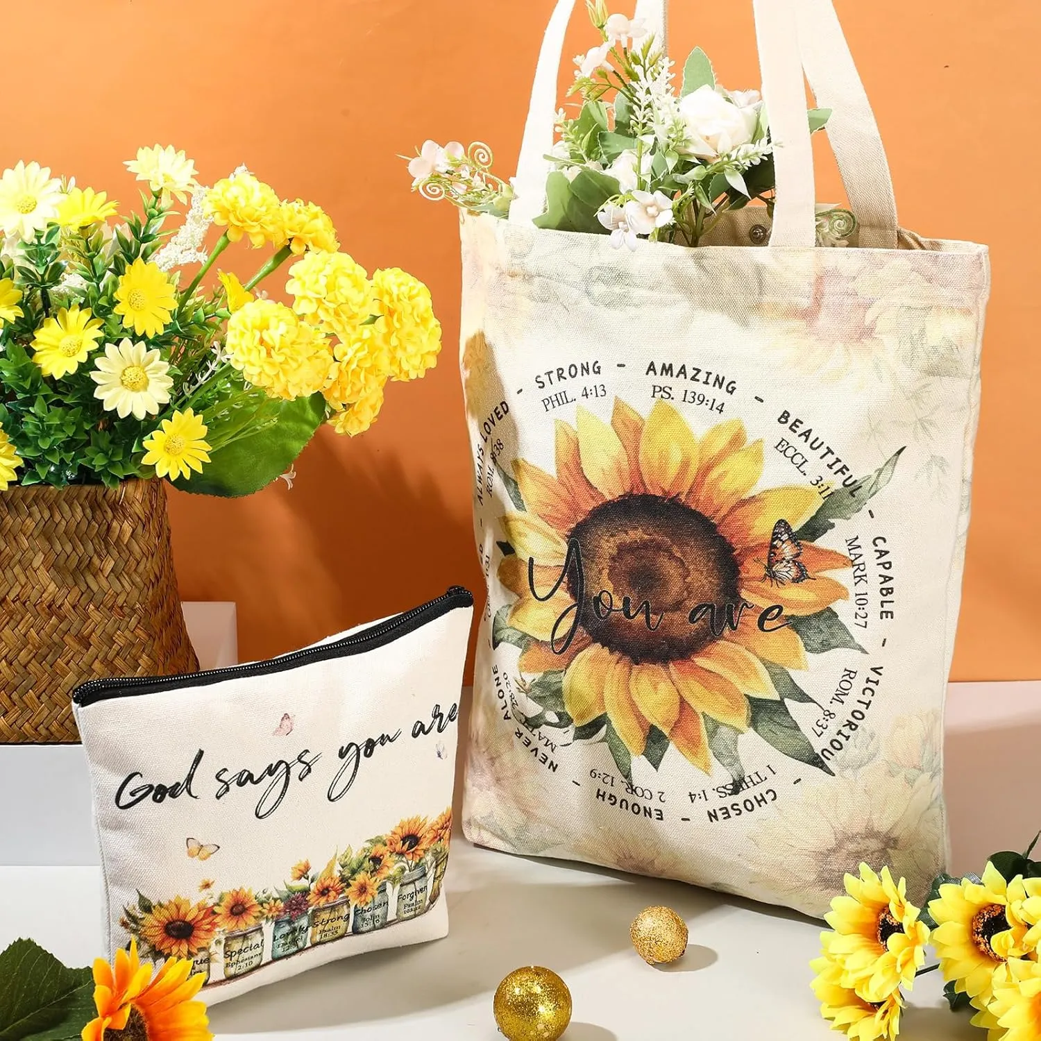 Paterr Christian Bag Women Bible Tote with Makeup Bag Church Religious Gift with Zipper Christmas(Yellow,Sunflower)