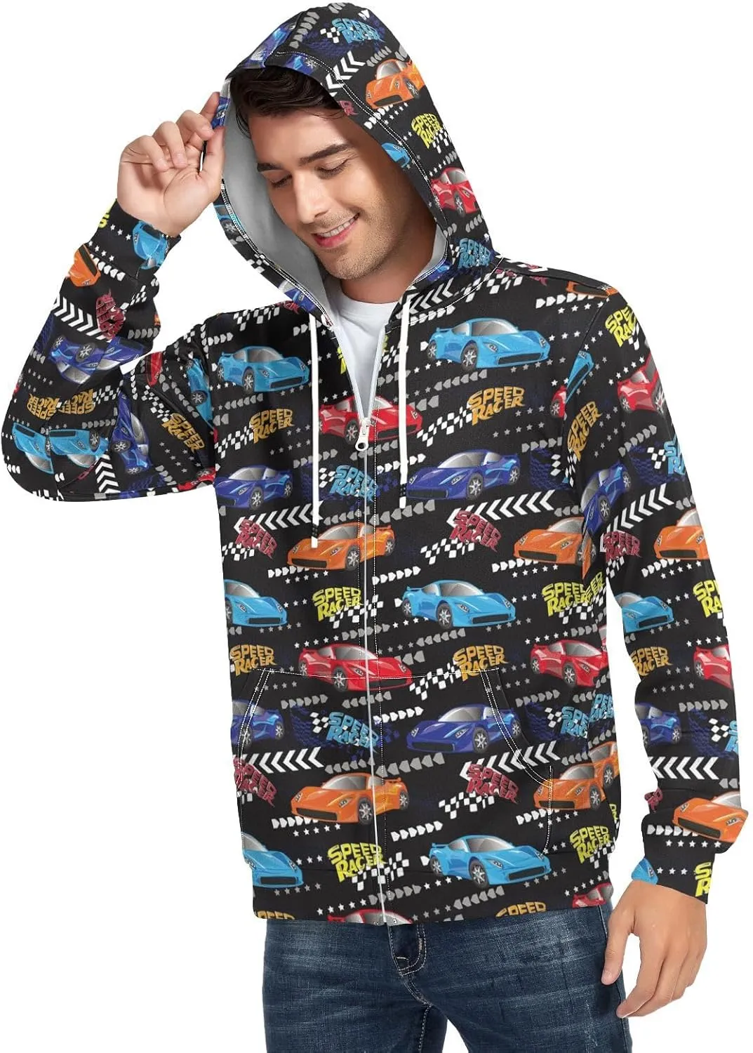 Pelicans Flowers Men's Quilted Lined Flannel Jacket with Hood Full-Zip Fleece Hoodie