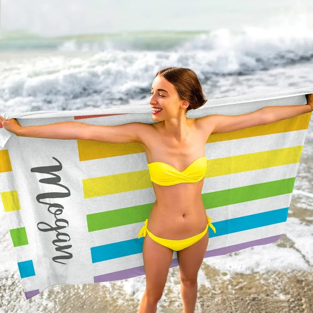 Personalized Beach Towel with Name Custom Microfiber Kids Beach Towels Sand Free Quick Dry Pool Towel Blanket Stripes Print Beach Towels for Adults 30x60 Inch