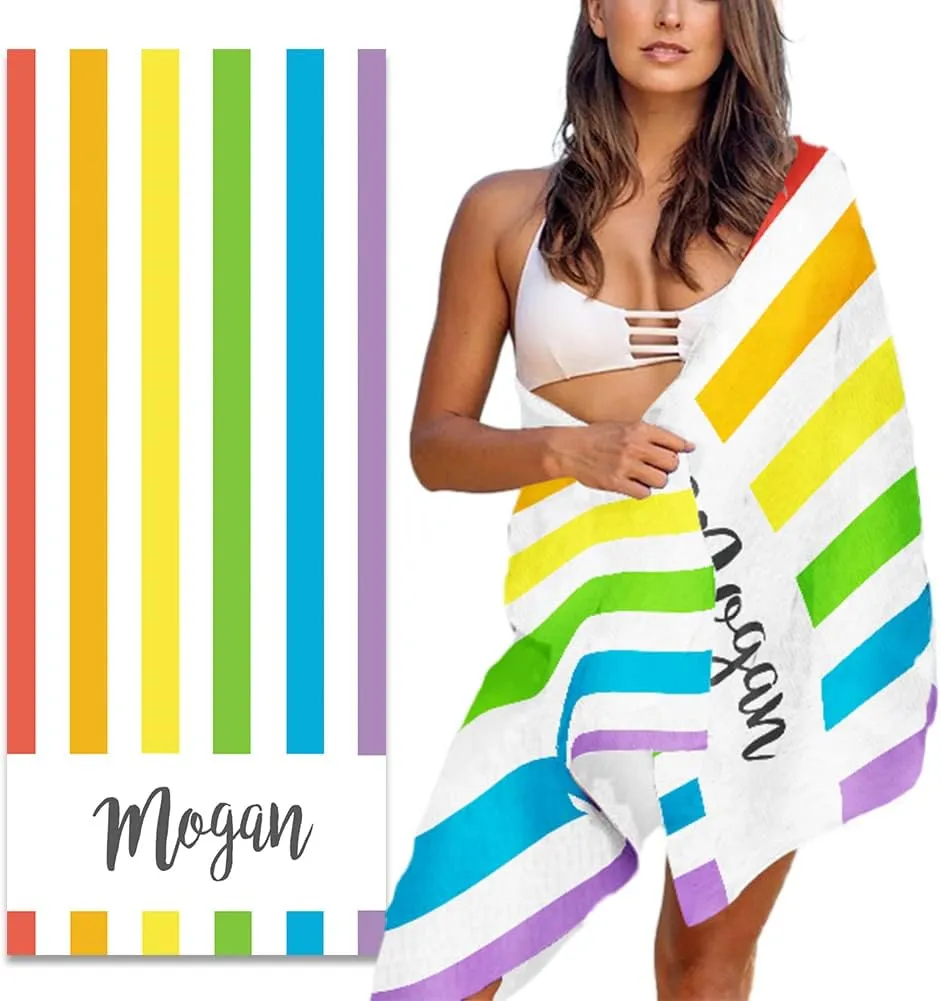Personalized Beach Towel with Name Custom Microfiber Kids Beach Towels Sand Free Quick Dry Pool Towel Blanket Stripes Print Beach Towels for Adults 30x60 Inch