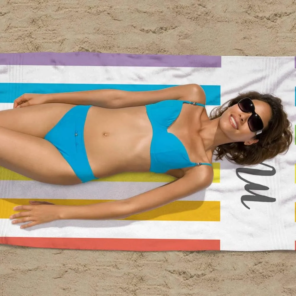 Personalized Beach Towel with Name Custom Microfiber Kids Beach Towels Sand Free Quick Dry Pool Towel Blanket Stripes Print Beach Towels for Adults 30x60 Inch