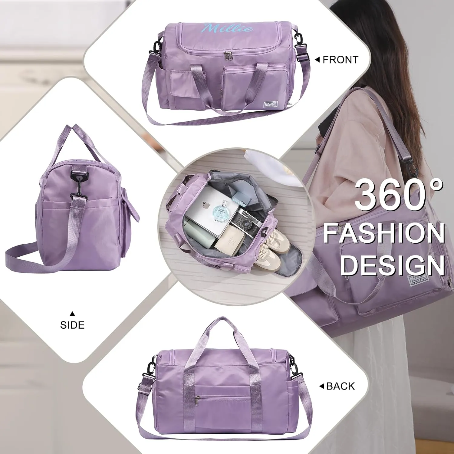 Personalized Duffel Bag | Custom Name Gym Bag with Shoes Pockets, Oxford Cloth Sports Bag Weekender Overnight Traveling Bag for Women Men(Purple)