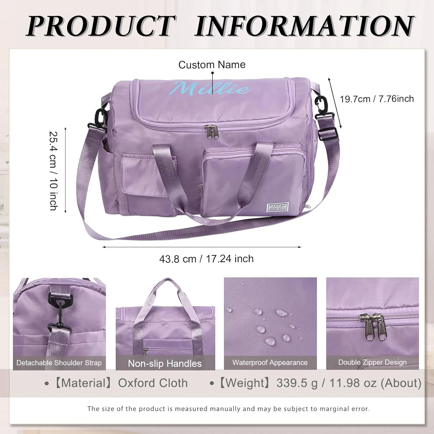 Personalized Duffel Bag | Custom Name Gym Bag with Shoes Pockets, Oxford Cloth Sports Bag Weekender Overnight Traveling Bag for Women Men(Purple)
