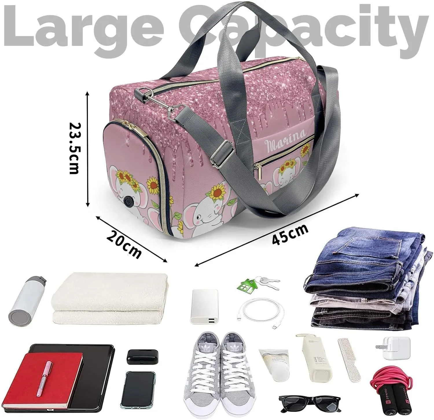 Personalized Duffel Bag Dripping Rose Glitter Elephant Sunflower Function Meets Fashion: Travel Bags for Fitness Journey