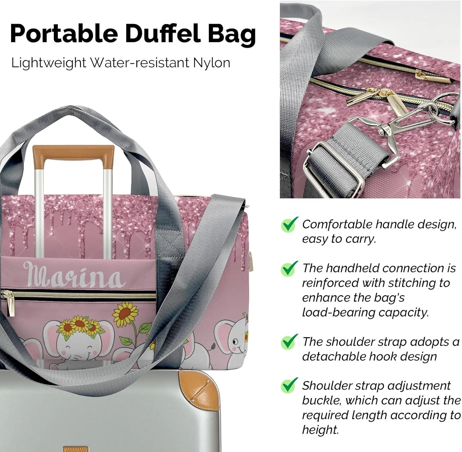 Personalized Duffel Bag Dripping Rose Glitter Elephant Sunflower Function Meets Fashion: Travel Bags for Fitness Journey
