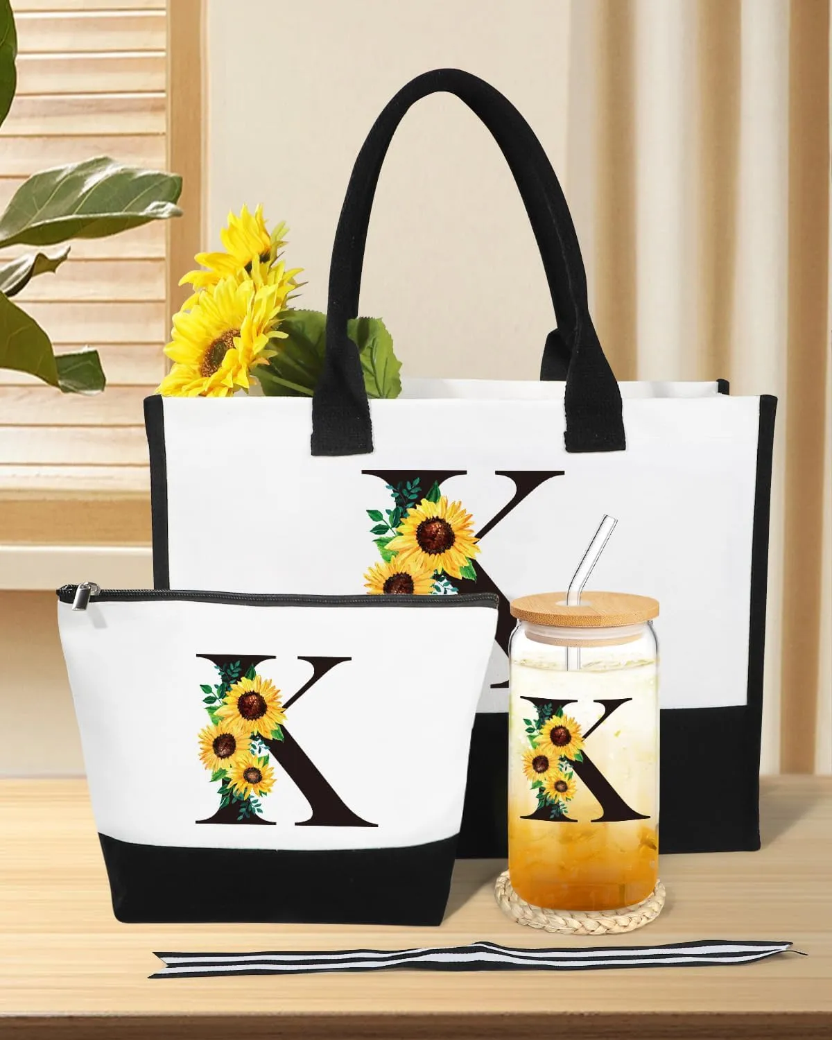 Personalized Gifts for Women, Monogrammed Gifts for Women, Initial Monogram Gifts Sunflower Birthday Gifts for Women Mom Sister Best Friends - Monogrammed Canvas Tote Bag & Makeup Bag & Glass Cup K