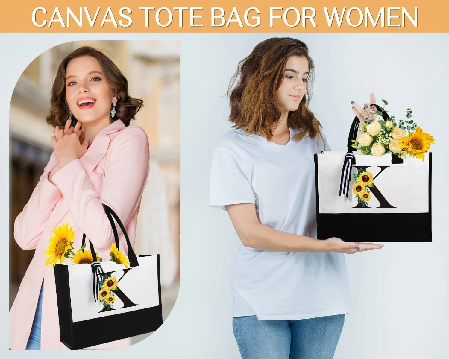 Personalized Gifts for Women, Monogrammed Gifts for Women, Initial Monogram Gifts Sunflower Birthday Gifts for Women Mom Sister Best Friends - Monogrammed Canvas Tote Bag & Makeup Bag & Glass Cup K