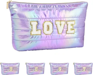 Personalized Initial Quilted Makeup Bag, Large Cute Cosmetic Bag, Cotton Iridescent Travel Toiletry Organizer Bags, Gifts for Girl Girlfriend Teen Girls Gift Trendy Stuff (LOVE, purple)