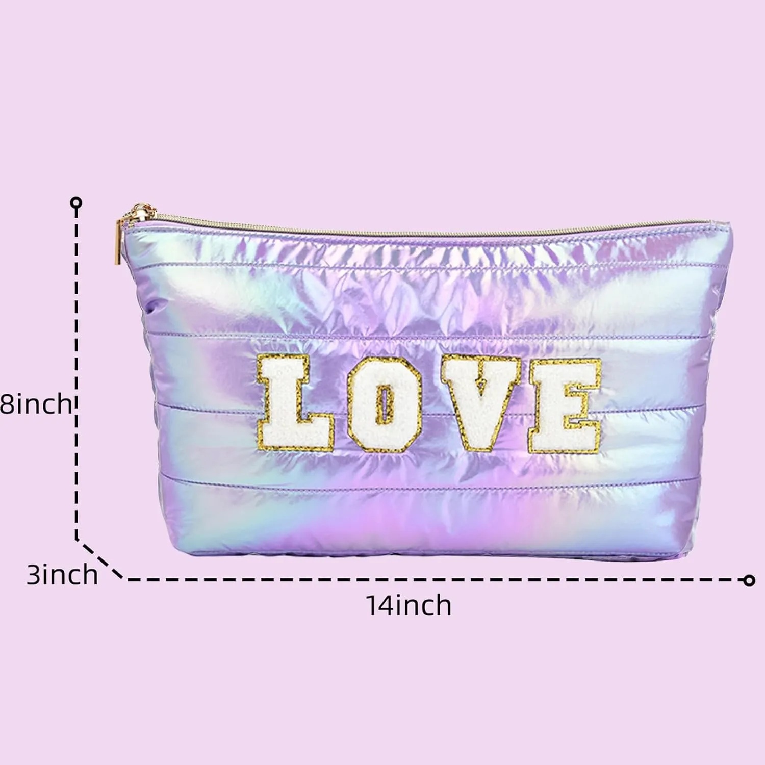 Personalized Initial Quilted Makeup Bag, Large Cute Cosmetic Bag, Cotton Iridescent Travel Toiletry Organizer Bags, Gifts for Girl Girlfriend Teen Girls Gift Trendy Stuff (LOVE, purple)