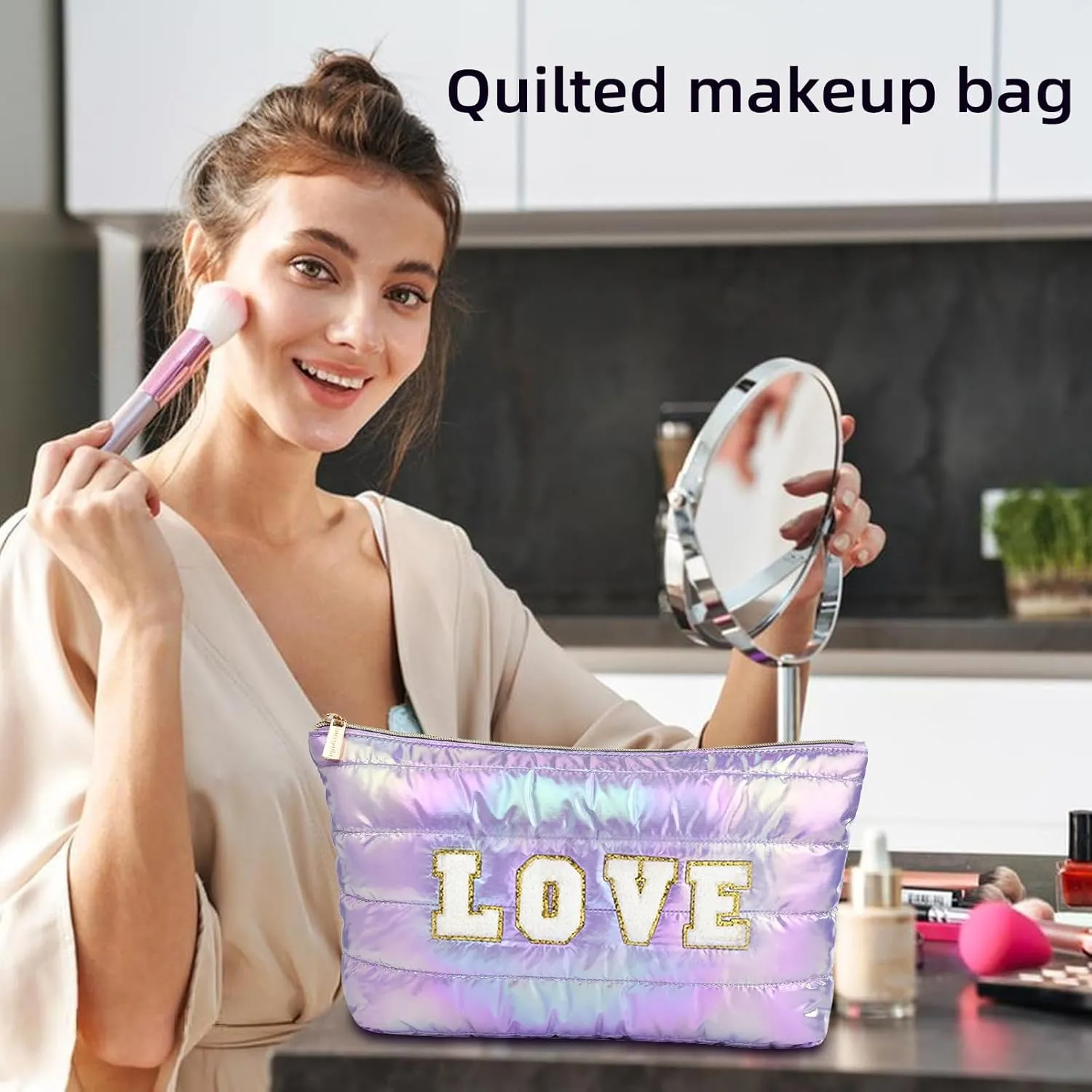 Personalized Initial Quilted Makeup Bag, Large Cute Cosmetic Bag, Cotton Iridescent Travel Toiletry Organizer Bags, Gifts for Girl Girlfriend Teen Girls Gift Trendy Stuff (LOVE, purple)