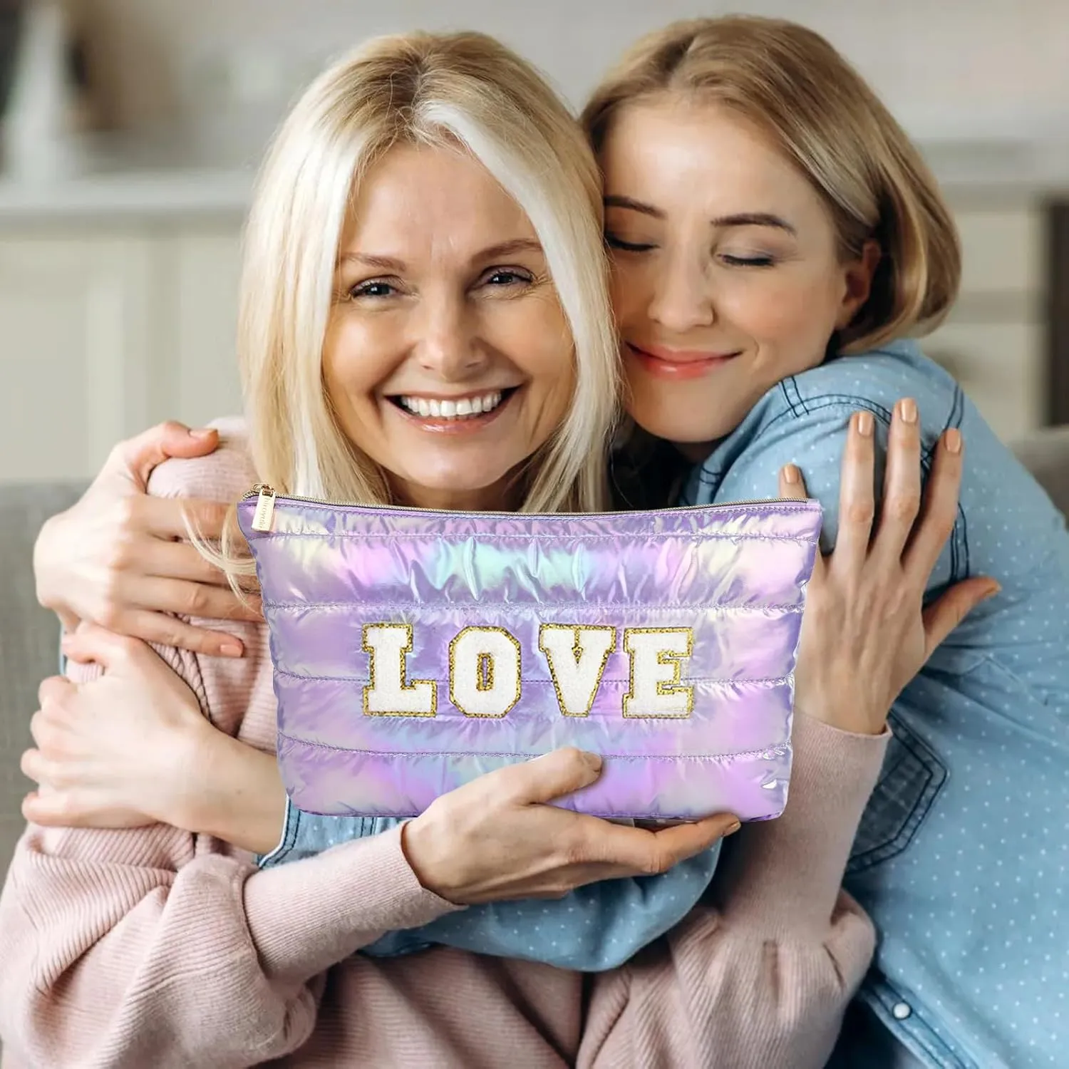 Personalized Initial Quilted Makeup Bag, Large Cute Cosmetic Bag, Cotton Iridescent Travel Toiletry Organizer Bags, Gifts for Girl Girlfriend Teen Girls Gift Trendy Stuff (LOVE, purple)