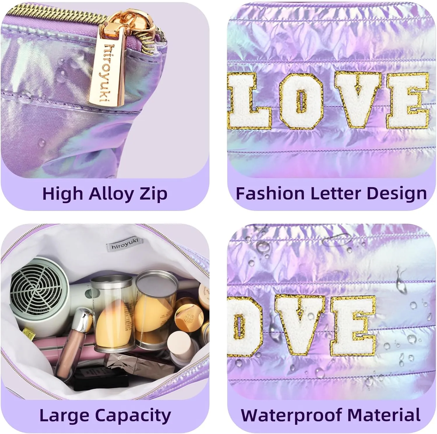 Personalized Initial Quilted Makeup Bag, Large Cute Cosmetic Bag, Cotton Iridescent Travel Toiletry Organizer Bags, Gifts for Girl Girlfriend Teen Girls Gift Trendy Stuff (LOVE, purple)