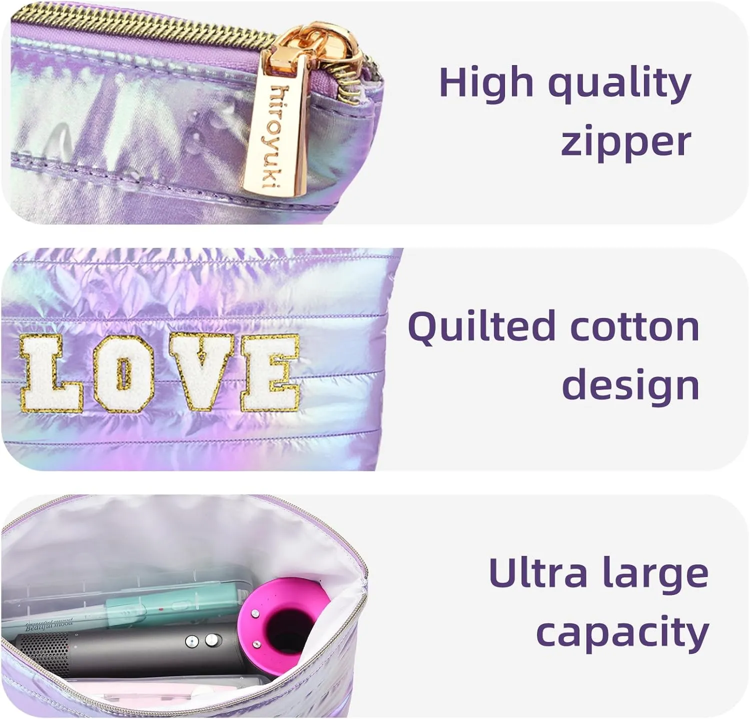 Personalized Initial Quilted Makeup Bag, Large Cute Cosmetic Bag, Cotton Iridescent Travel Toiletry Organizer Bags, Gifts for Girl Girlfriend Teen Girls Gift Trendy Stuff (LOVE, purple)