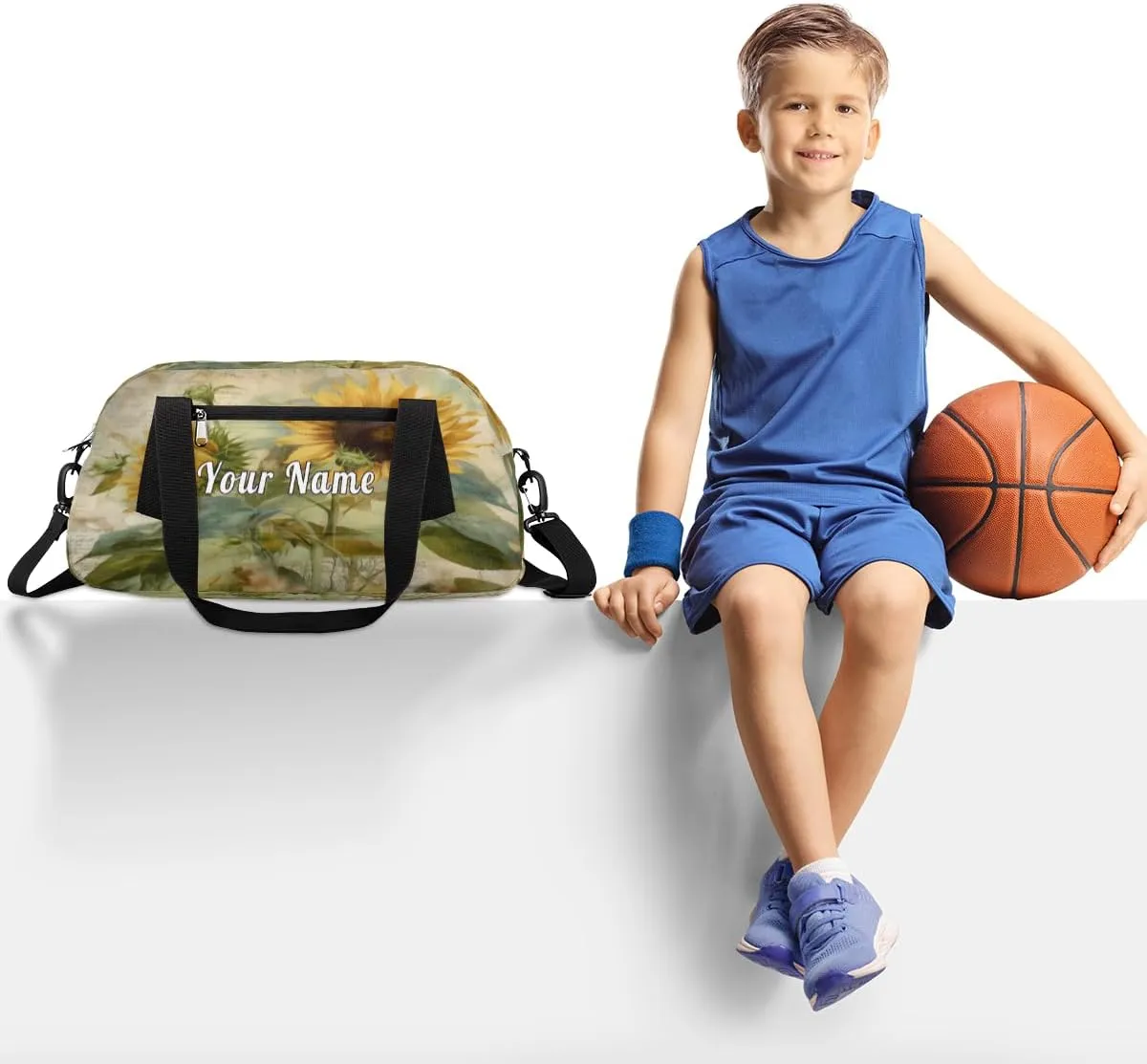 Personalized Kids Duffel Bag Watercolor Sunflower,Custom Sport Gym Bag for Boys Girls,WWeekender Overnight Bags Travel Duffel Bag,Customized Kids Gift