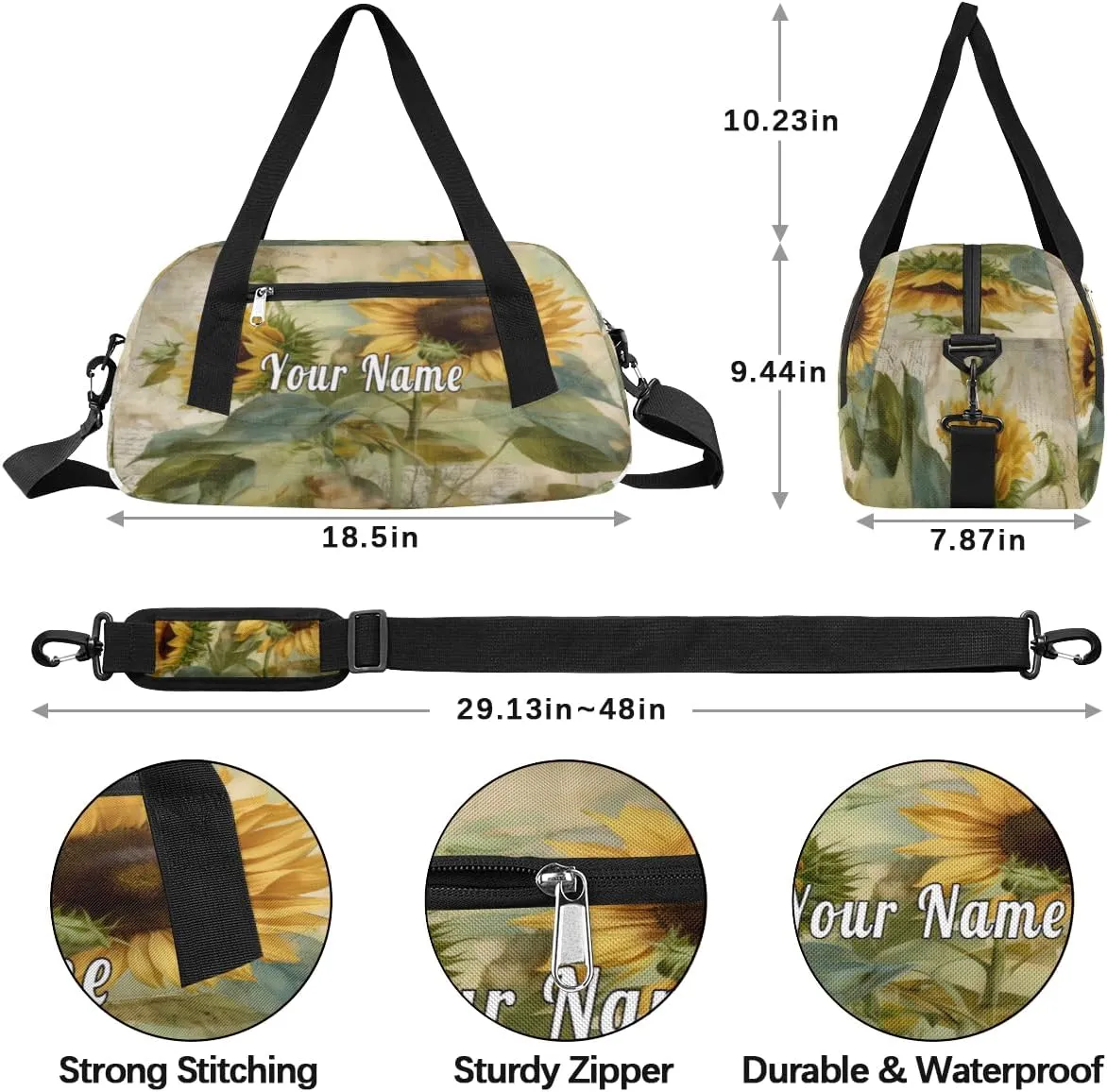 Personalized Kids Duffel Bag Watercolor Sunflower,Custom Sport Gym Bag for Boys Girls,WWeekender Overnight Bags Travel Duffel Bag,Customized Kids Gift