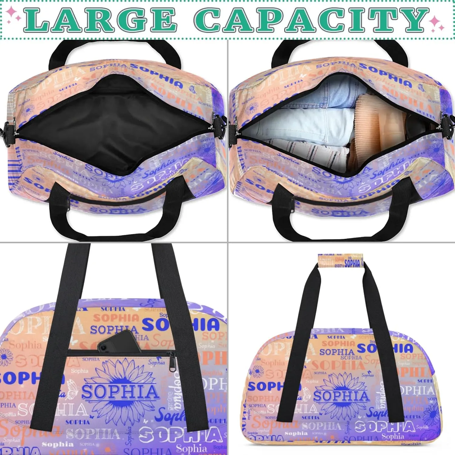 Personalized Name Duffel Bag Sports Gym Bags Dance Duffel Bags with Sunflower, Travel Overnight Carry-On Duffel Bag for Women Men, Blue Orange