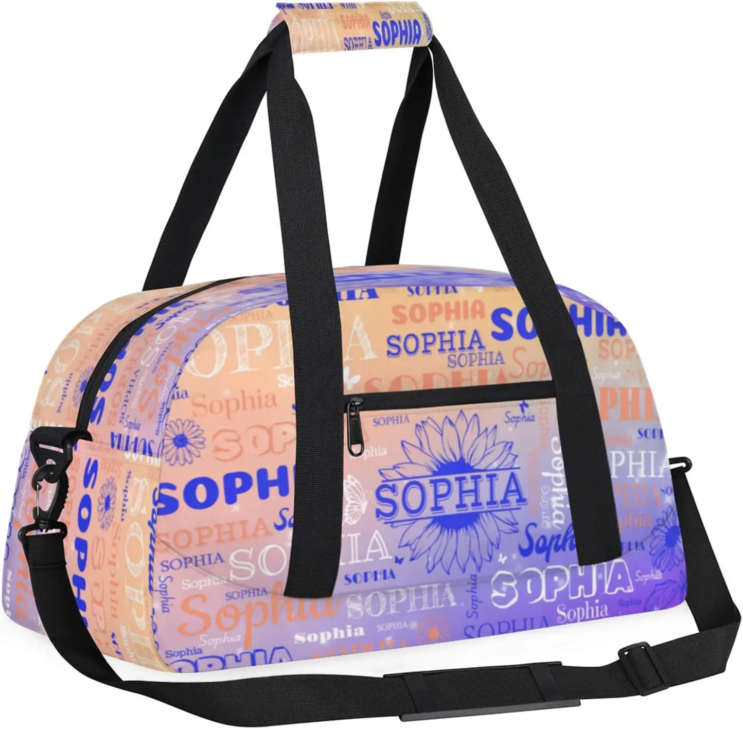 Personalized Name Duffel Bag Sports Gym Bags Dance Duffel Bags with Sunflower, Travel Overnight Carry-On Duffel Bag for Women Men, Blue Orange