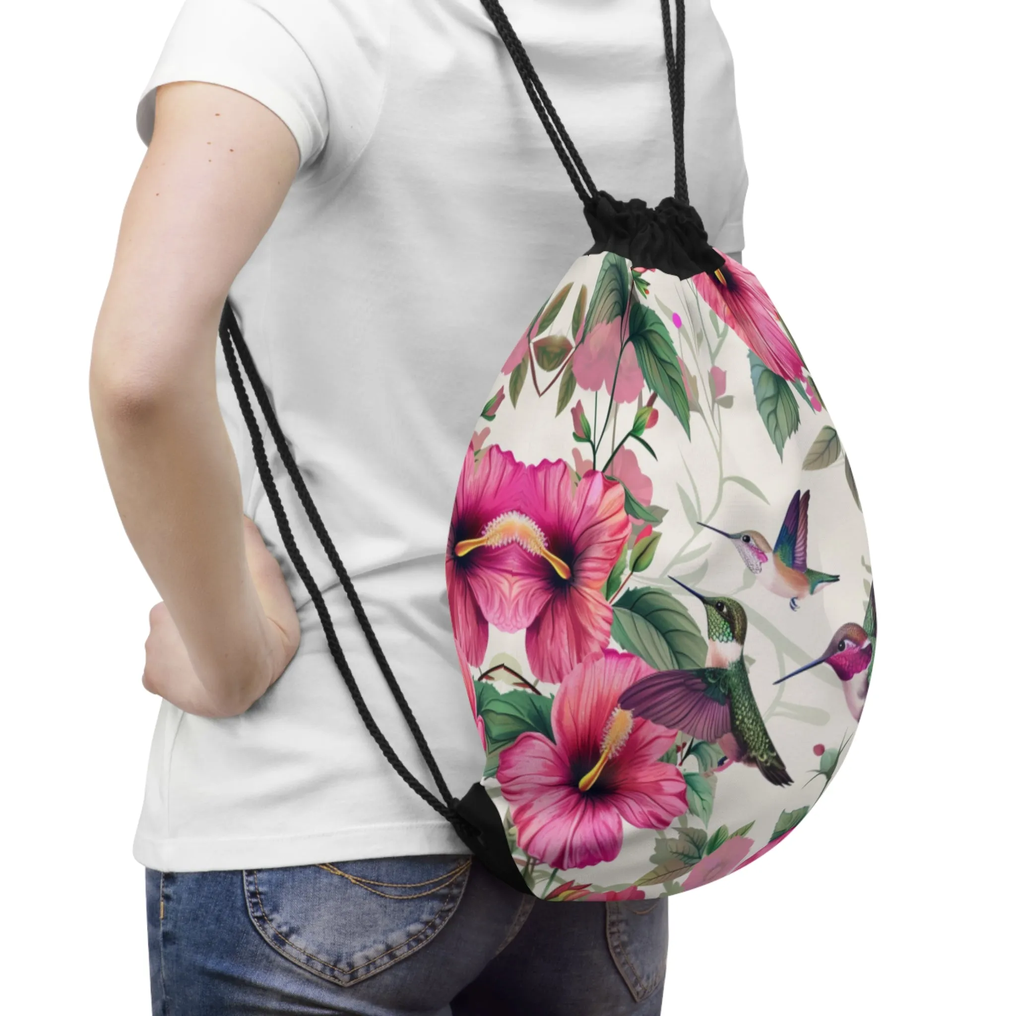 Pink Hummingbirds Drawstring Bag