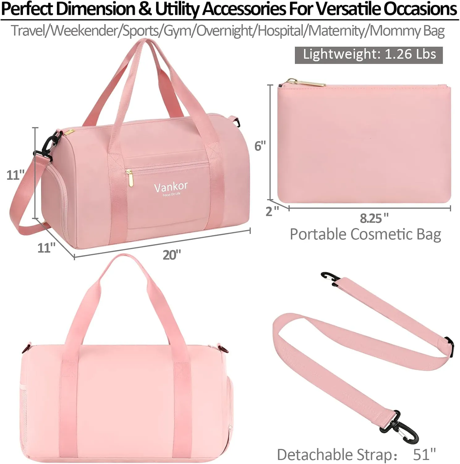 Pink Large 20 Inch Multi-Purpose Gym Bag with Shoe Compartment, Water Resistant, Polyester